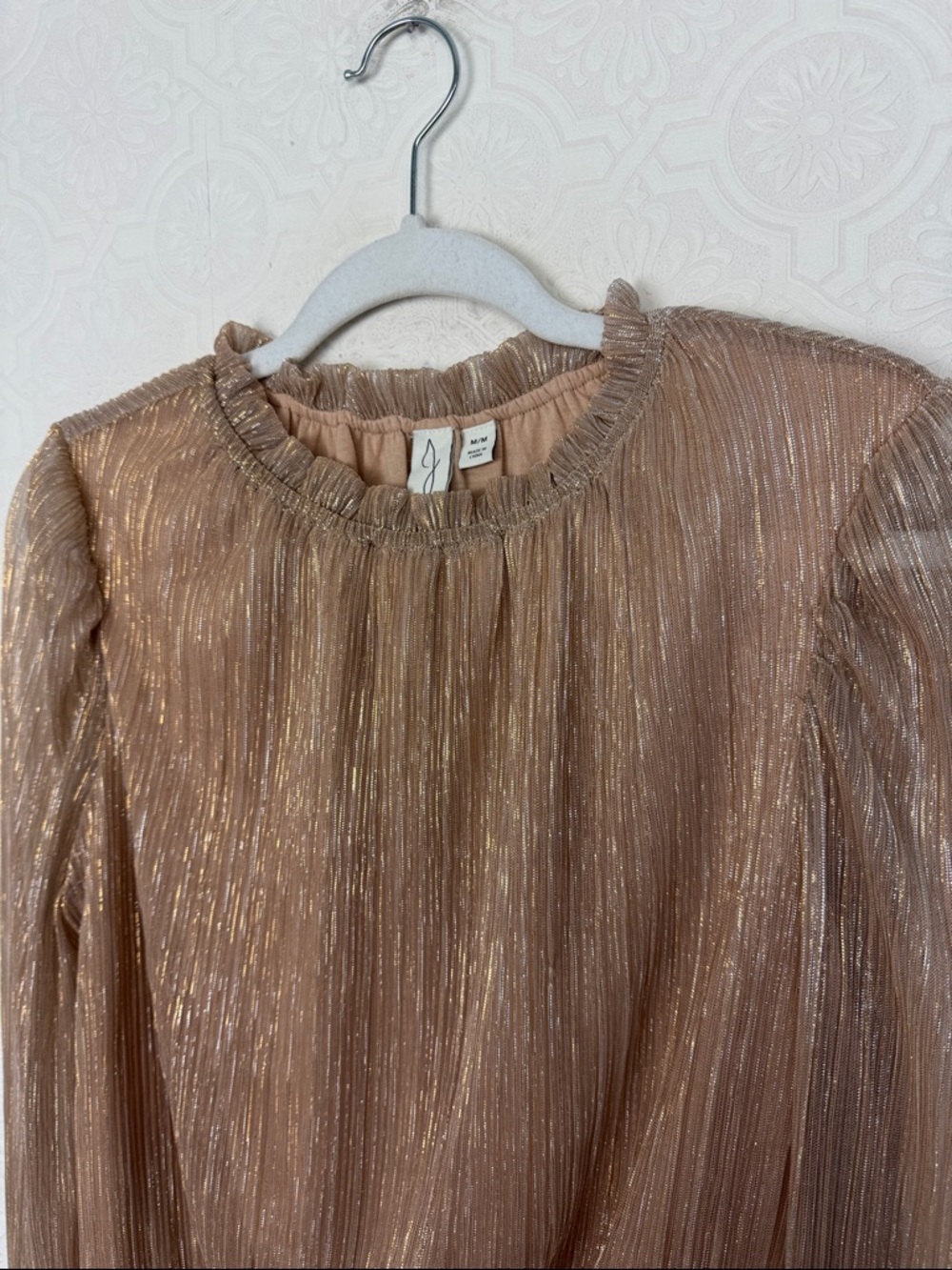 Joie Metallic Pleated Blouse Smocked Waist Gold Shimmer Long‎ Sleeve Top M